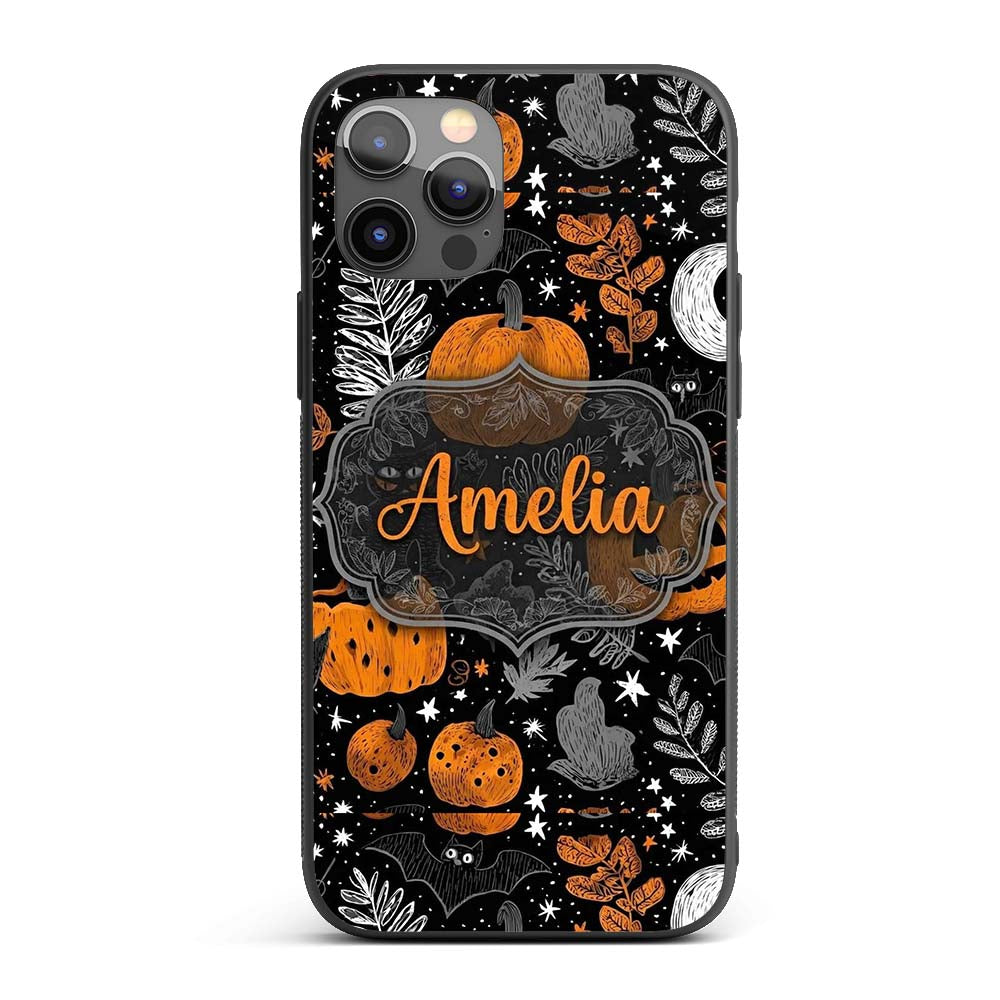 Spooky Pumpkin Cat Bat Night Sky Seamless Pattern Custom Name Protective Phone Case Mobile Cover Durable Everyday Smartphone Shock Resistant