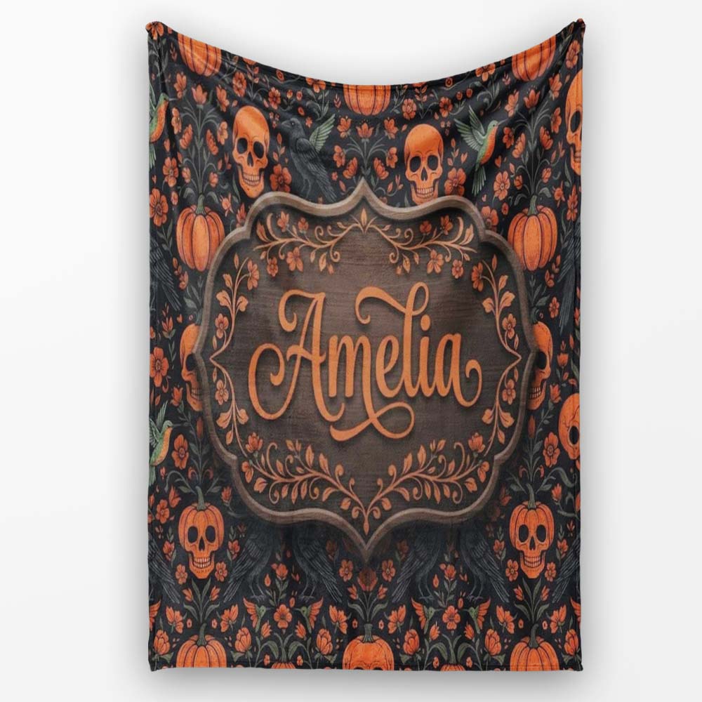 Folk Art Skull Pumpkin Floral Halloween Seamless Pattern Name Cute Personalised Custom Name Super Soft Fleece Blanket Bed Sofa Throw