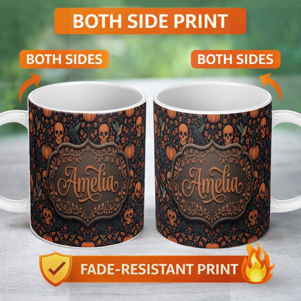Personalized Custom Name Folk Art Skull Pumpkin Floral Halloween Seamless Pattern Name Cute 11oz Ceramic Coffee Tea Mug White Large Handle
