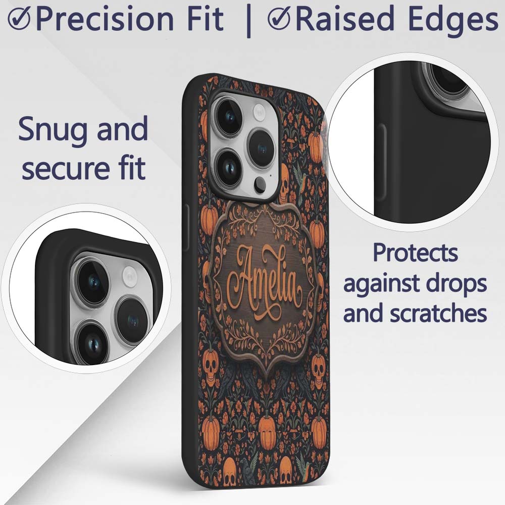 Folk Art Skull Pumpkin Floral Halloween Seamless Custom Name Protective Phone Case Mobile Cover Durable Everyday Smartphone Shock Resistant