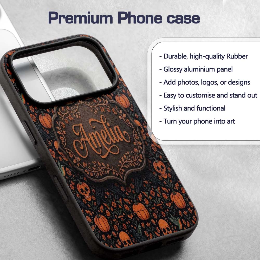 Folk Art Skull Pumpkin Floral Halloween Seamless Custom Name Protective Phone Case Mobile Cover Durable Everyday Smartphone Shock Resistant
