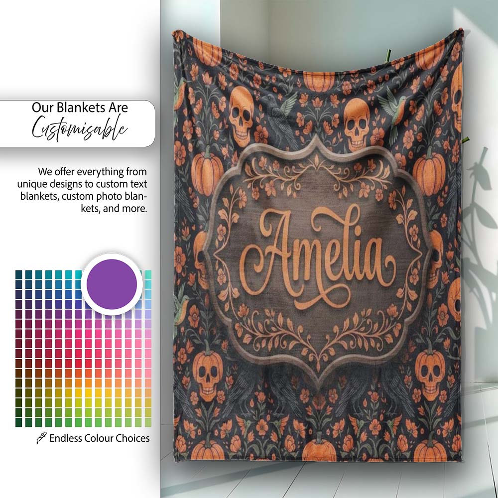 Folk Art Skull Pumpkin Floral Halloween Seamless Pattern Name Cute Personalised Custom Name Super Soft Fleece Blanket Bed Sofa Throw