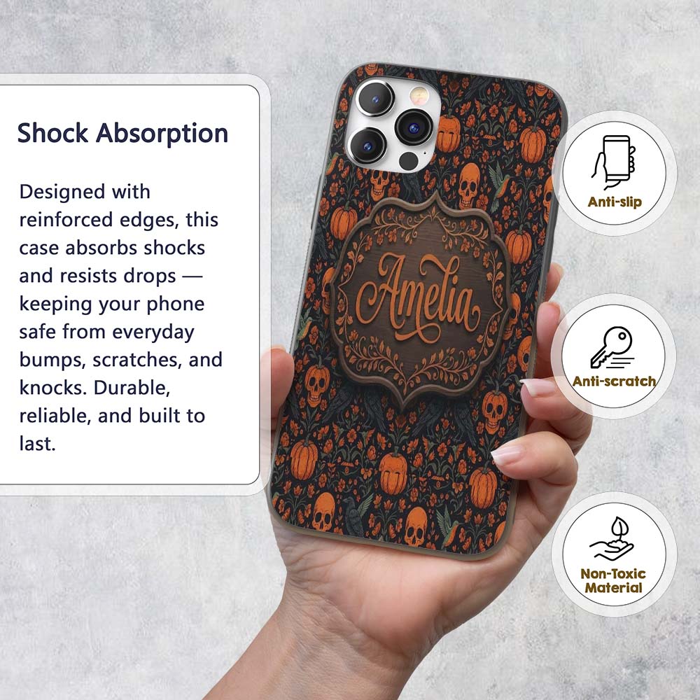Folk Art Skull Pumpkin Floral Halloween Seamless Custom Name Protective Phone Case Mobile Cover Durable Everyday Smartphone Shock Resistant