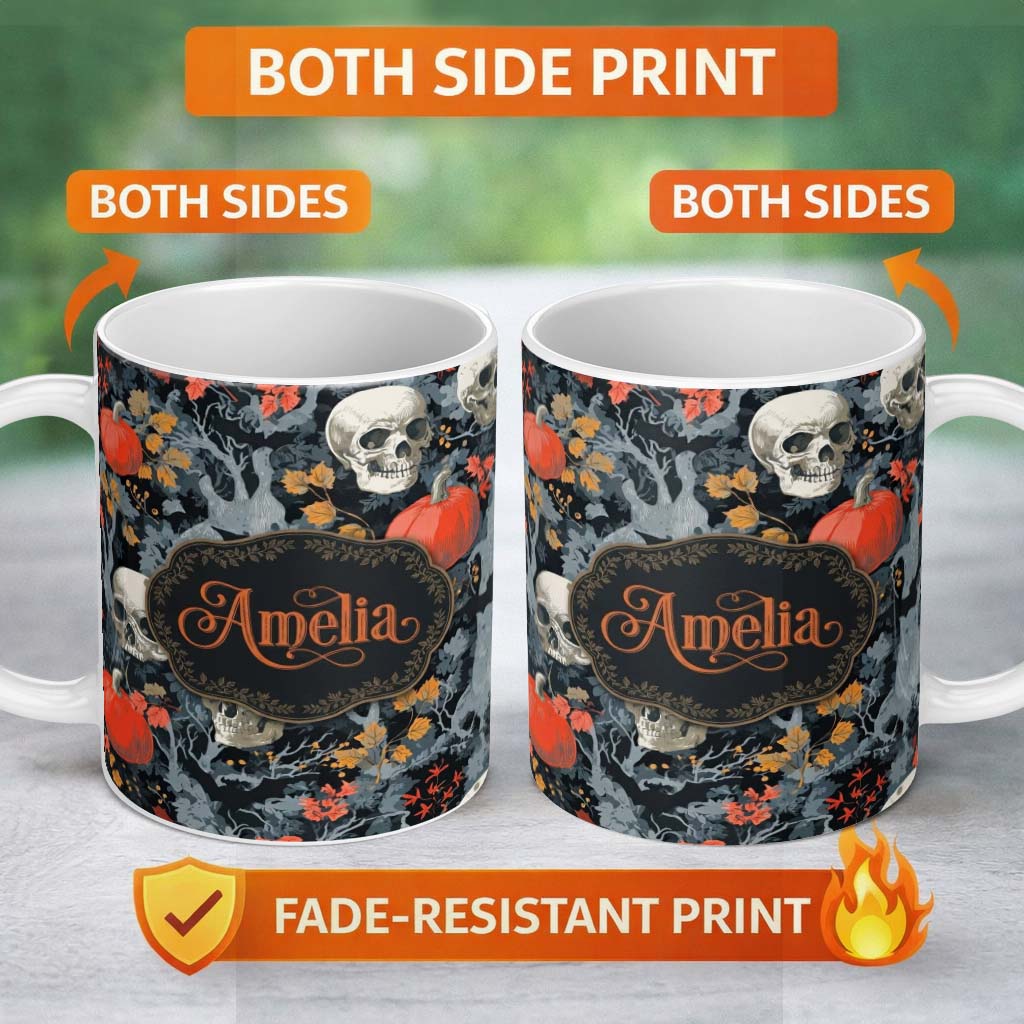 Personalized Custom Name Dark Forest Skull Pumpkin Autumn Leaves Seamless Pattern Name Cute 11oz Ceramic Coffee Tea Mug White Large Handle