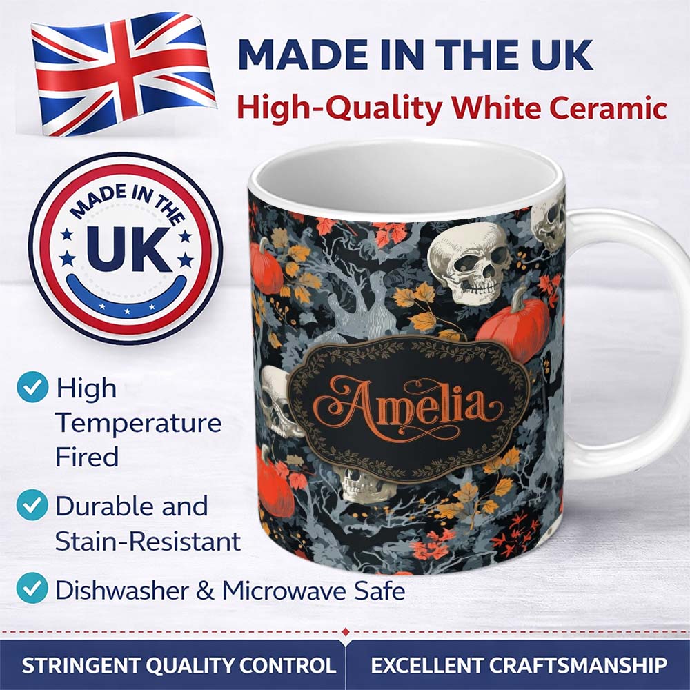Personalized Custom Name Dark Forest Skull Pumpkin Autumn Leaves Seamless Pattern Name Cute 11oz Ceramic Coffee Tea Mug White Large Handle