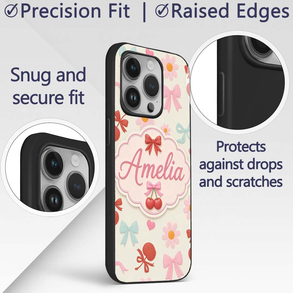 Cute Cherry Bow Daisy Heart Seamless Pattern on Custom Name Protective Phone Case Mobile Cover Durable Everyday Smartphone Shock Resistant
