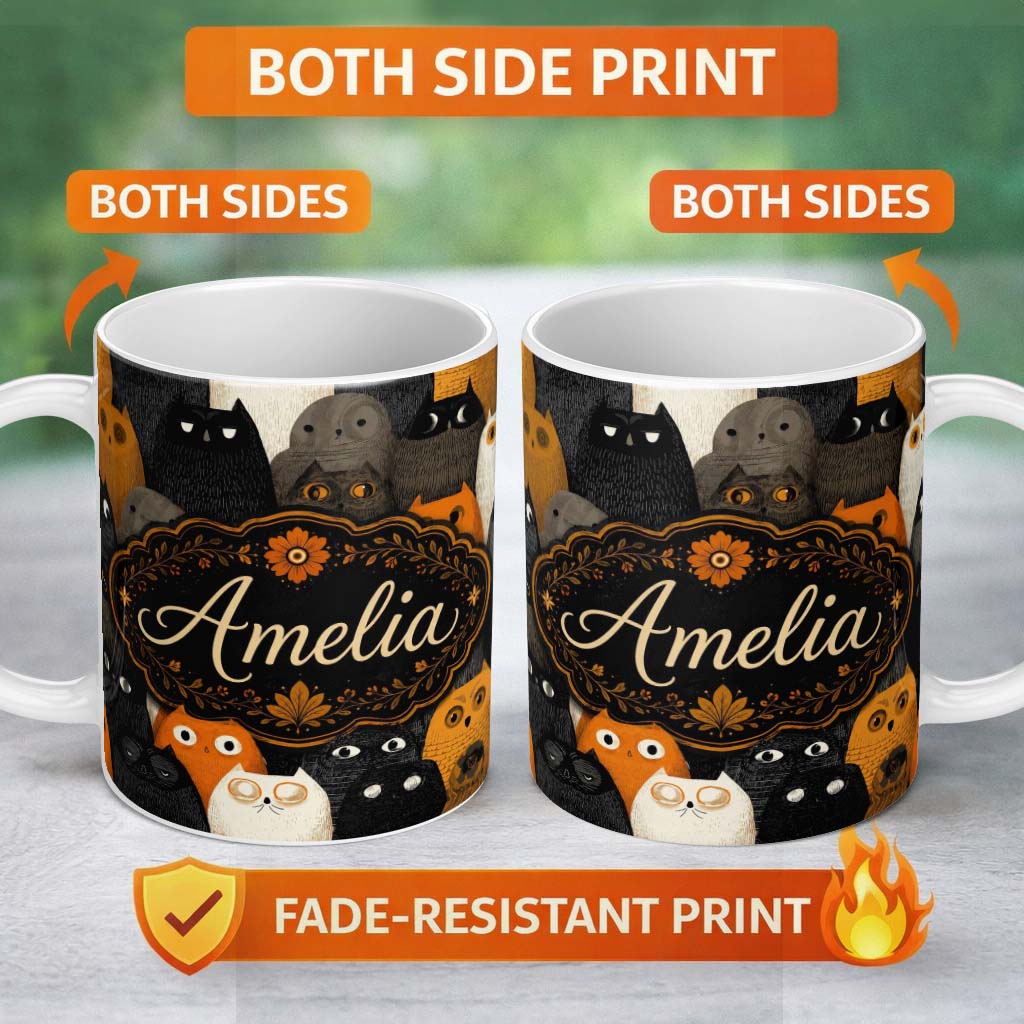 Personalized Custom Name Cute Halloween Cats Black Orange Neutral Tones Seamless Pattern Name 11oz Ceramic Coffee Tea Mug White Large Handle