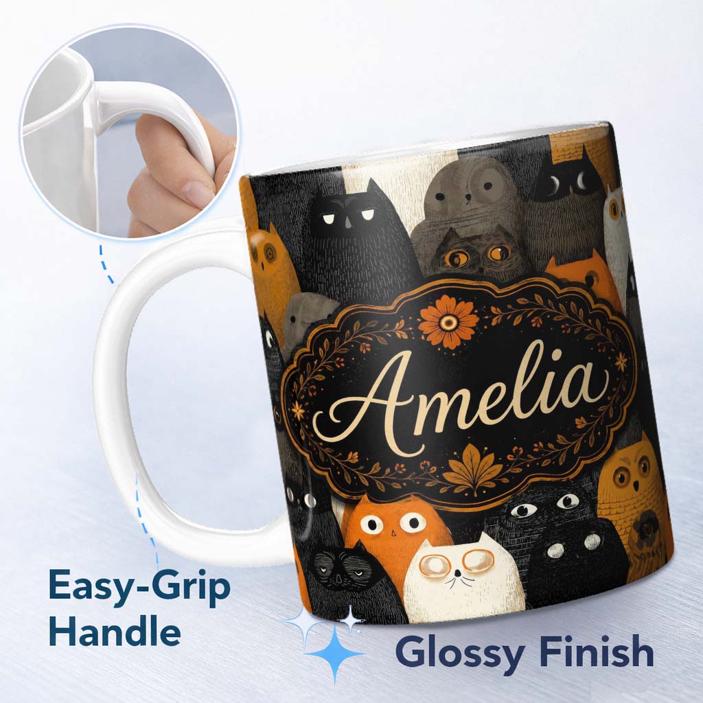 Personalized Custom Name Cute Halloween Cats Black Orange Neutral Tones Seamless Pattern Name 11oz Ceramic Coffee Tea Mug White Large Handle