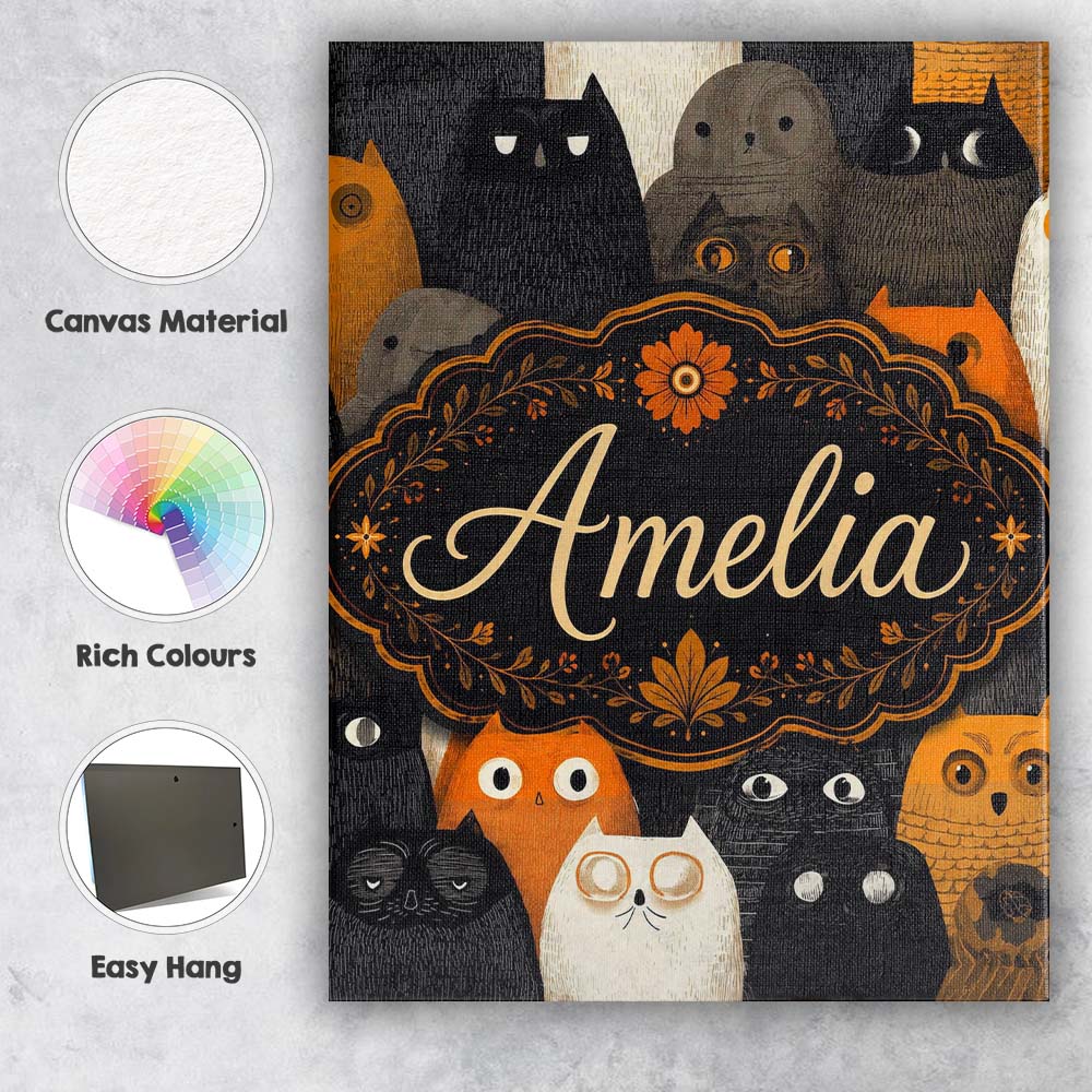 Personalised Name Cute Halloween Cats Black Custom Bespoke Interior Contemporary Canvas Wall Art Print Decor Picture Ready to Hang