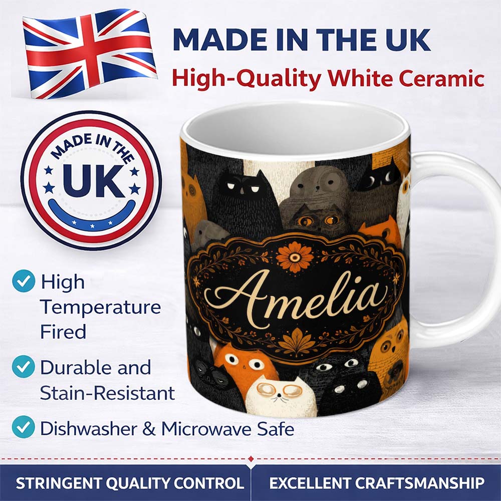 Personalized Custom Name Cute Halloween Cats Black Orange Neutral Tones Seamless Pattern Name 11oz Ceramic Coffee Tea Mug White Large Handle