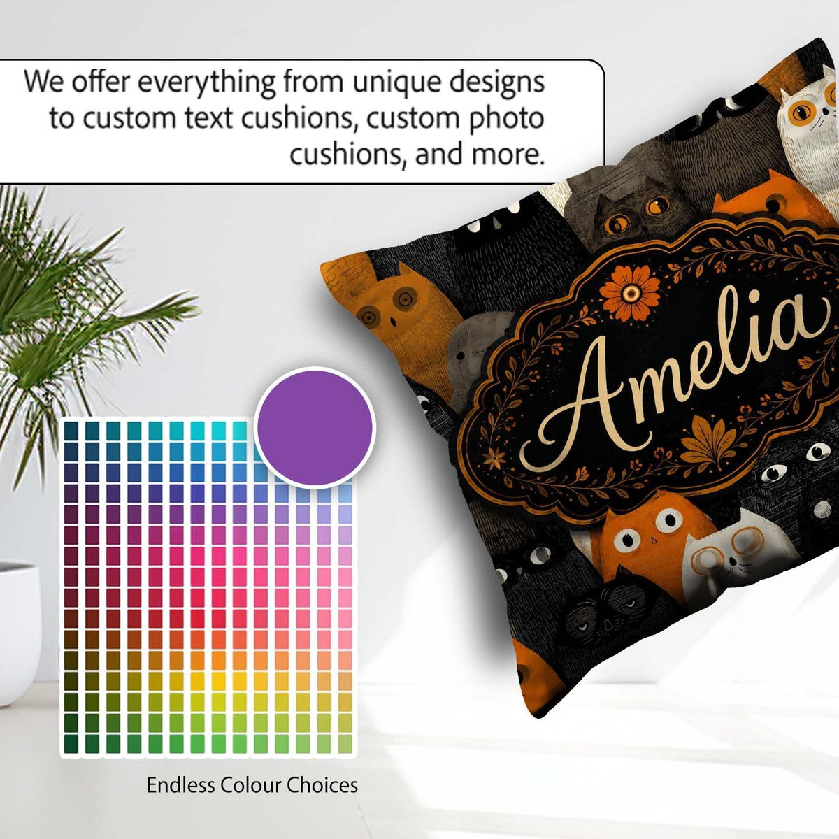 Custom Name Cute Halloween Cats Black Orange Tones Seamless Name Square Filled Cushion Throw Pillow Sofa Bed Home Decor Zip Washable UK Made