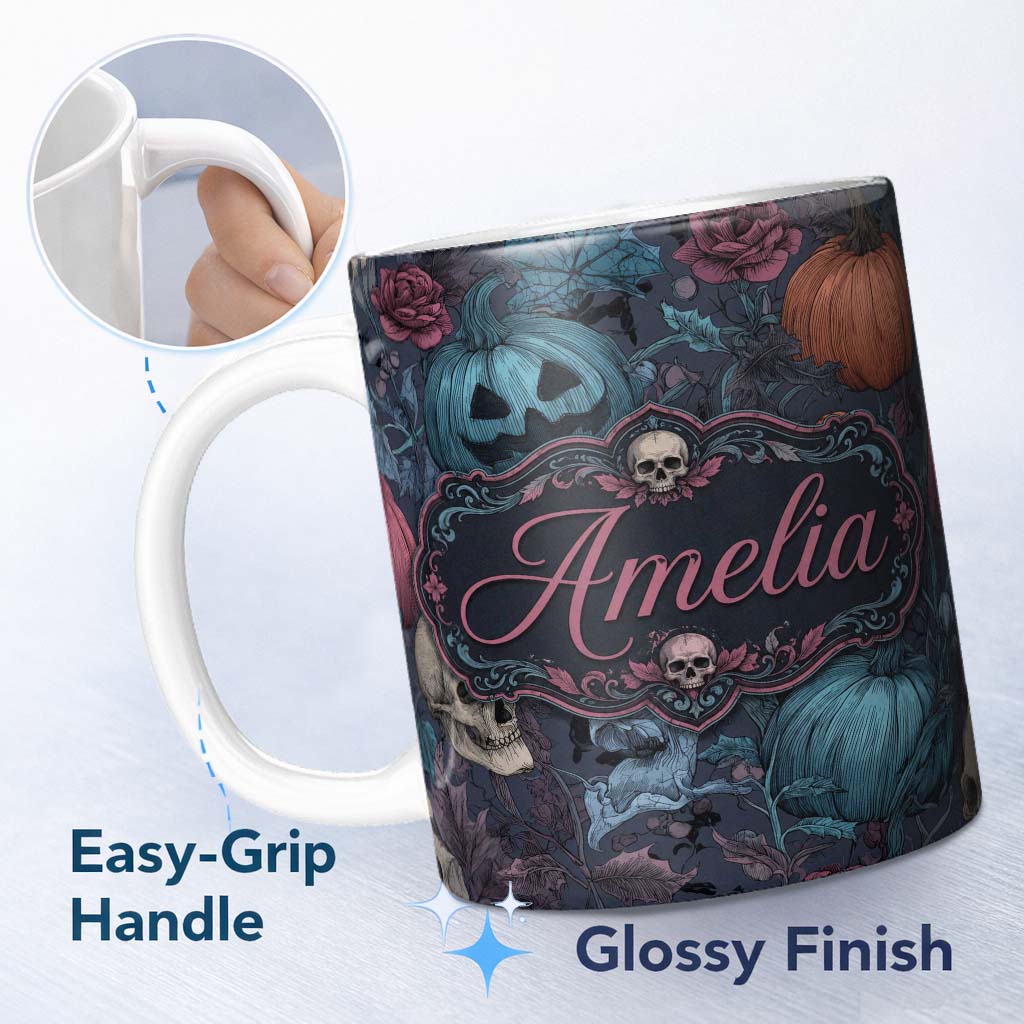 Personalized Custom Name Dark Gothic Pumpkin Skull Floral Vintage Seamless Pattern Custom 11oz Ceramic Coffee Tea Mug White Large Handle