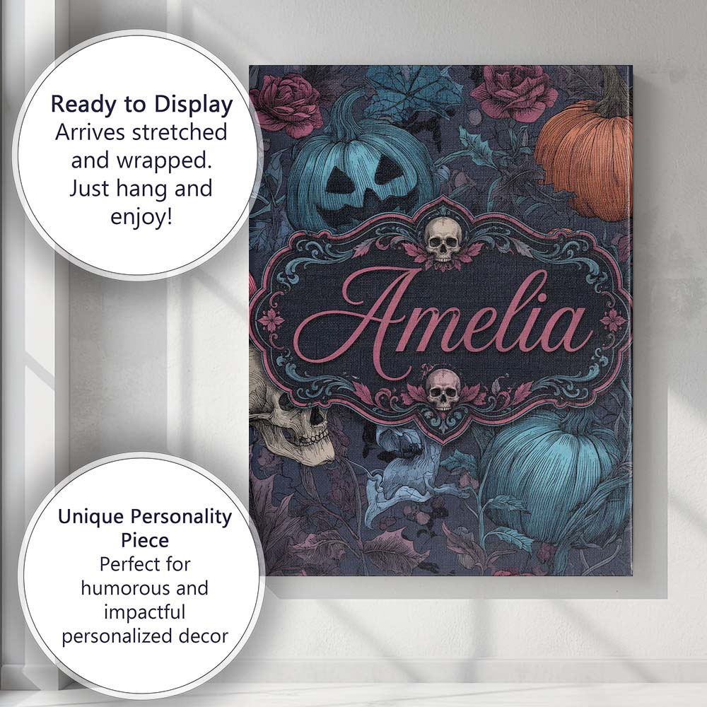 Personalised Name Dark Gothic Pumpkin Skull Custom Bespoke Interior Contemporary Canvas Wall Art Print Decor Picture Ready to Hang