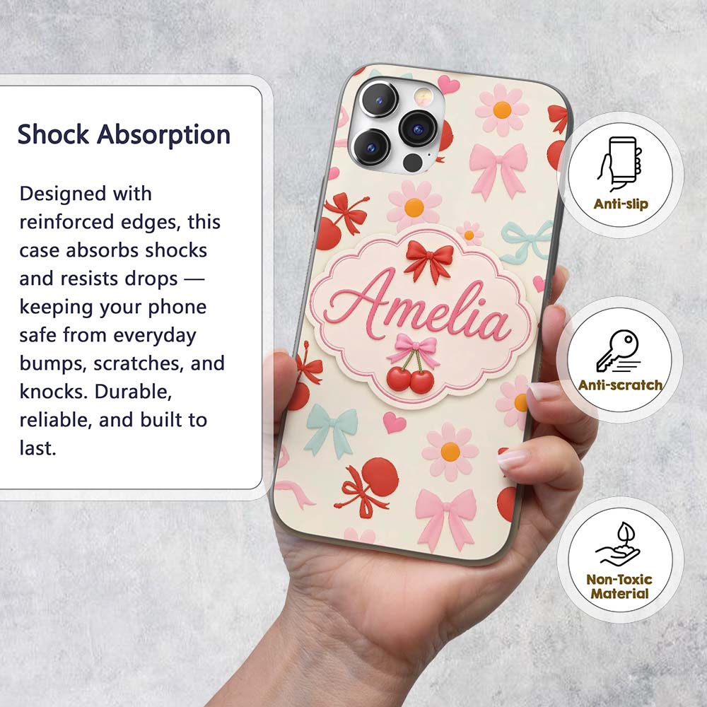 Cute Cherry Bow Daisy Heart Seamless Pattern on Custom Name Protective Phone Case Mobile Cover Durable Everyday Smartphone Shock Resistant