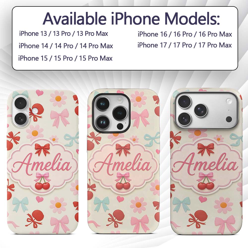 Cute Cherry Bow Daisy Heart Seamless Pattern on Custom Name Protective Phone Case Mobile Cover Durable Everyday Smartphone Shock Resistant