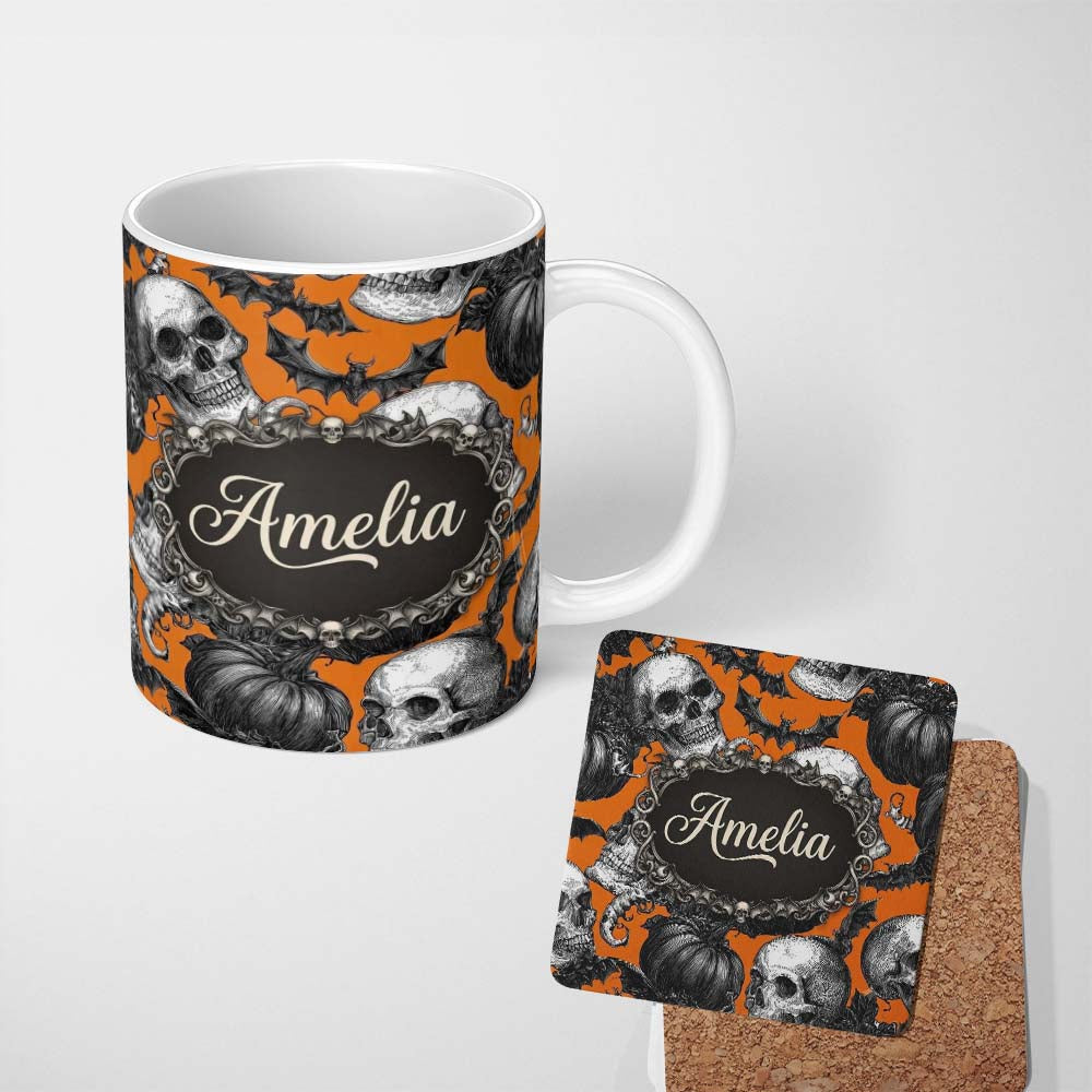 Personalized Custom Name Halloween Skull Bat Pumpkin Orange Background Seamless Pattern Name 11oz Ceramic Coffee Tea Mug White Large Handle