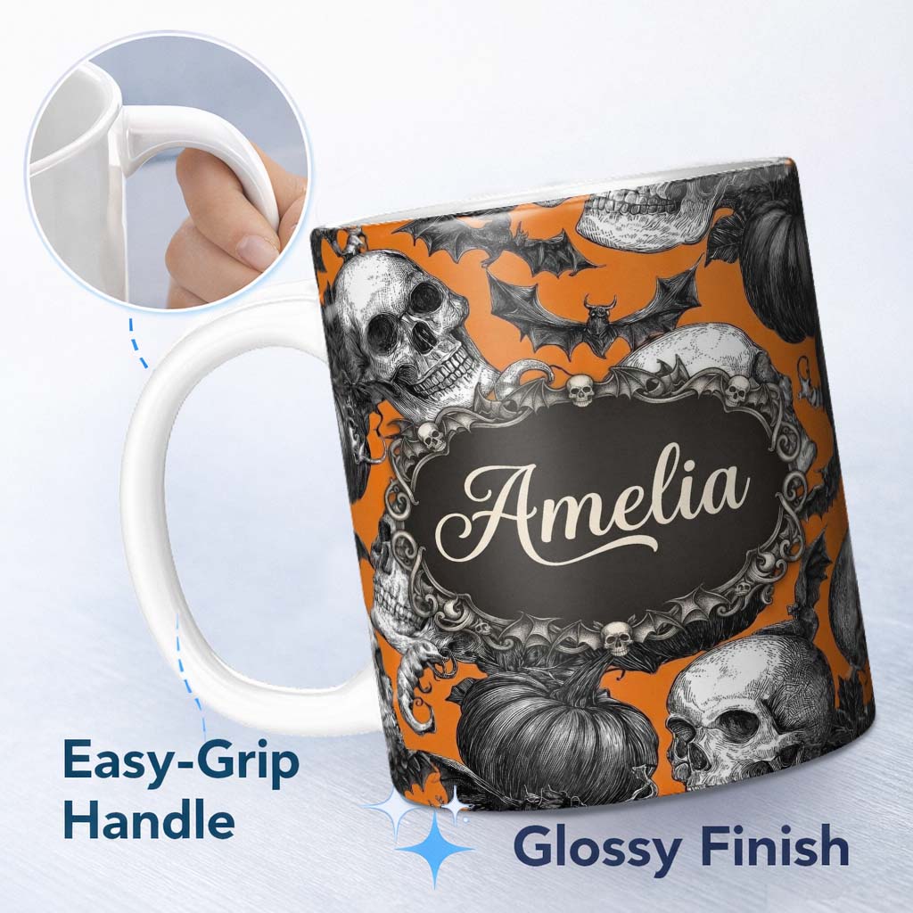 Personalized Custom Name Halloween Skull Bat Pumpkin Orange Background Seamless Pattern Name 11oz Ceramic Coffee Tea Mug White Large Handle