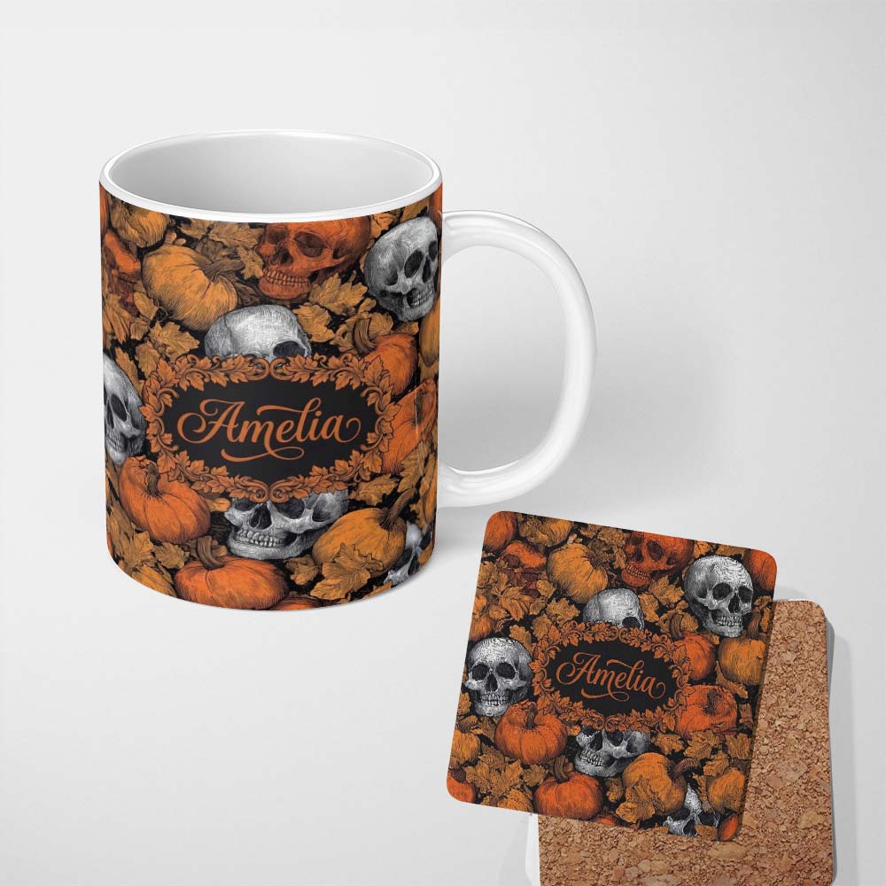Personalized Custom Name Autumn Skull Pumpkin Leaves Vintage Engraving Seamless Pattern Name 11oz Ceramic Coffee Tea Mug White Large Handle