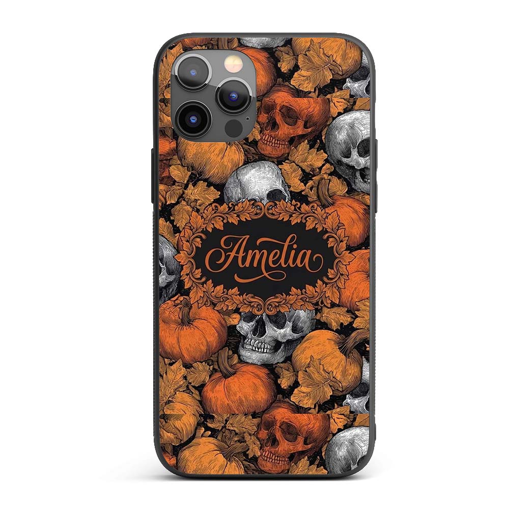 Autumn Skull Pumpkin Leaves Vintage Engraving Custom Name Protective Phone Case Mobile Cover Durable Everyday Smartphone Shock Resistant