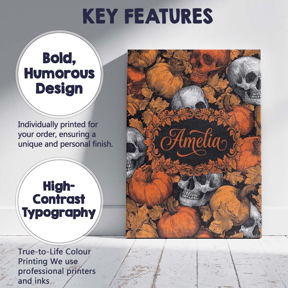 Personalised Name Autumn Skull Pumpkin Custom Modern Room Accent Elegant Feature Canvas Wall Art Print Decor Picture Ready to Hang