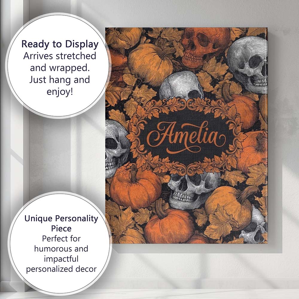 Personalised Name Autumn Skull Pumpkin Custom Modern Room Accent Elegant Feature Canvas Wall Art Print Decor Picture Ready to Hang