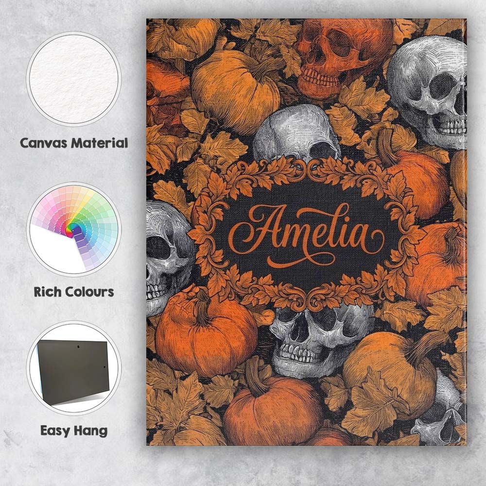 Personalised Name Autumn Skull Pumpkin Custom Modern Room Accent Elegant Feature Canvas Wall Art Print Decor Picture Ready to Hang