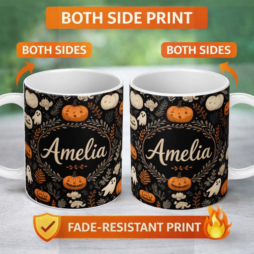 Personalized Custom Name Cute Halloween Ghost Pumpkin Autumn Leaves Seamless Pattern Name 11oz Ceramic Coffee Tea Mug White Large Handle