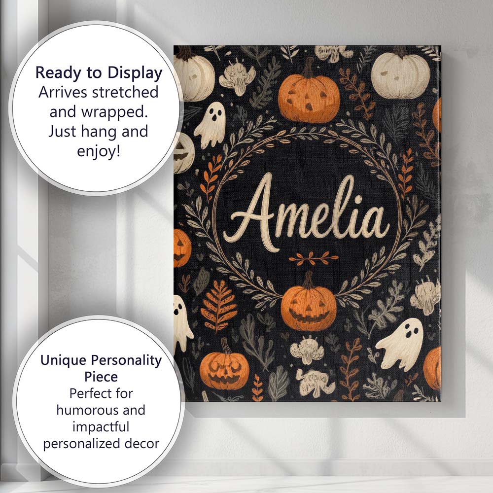 Personalised Name Cute Halloween Ghost Custom Modern Room Accent Elegant Feature Canvas Wall Art Print Decor Picture Ready to Hang