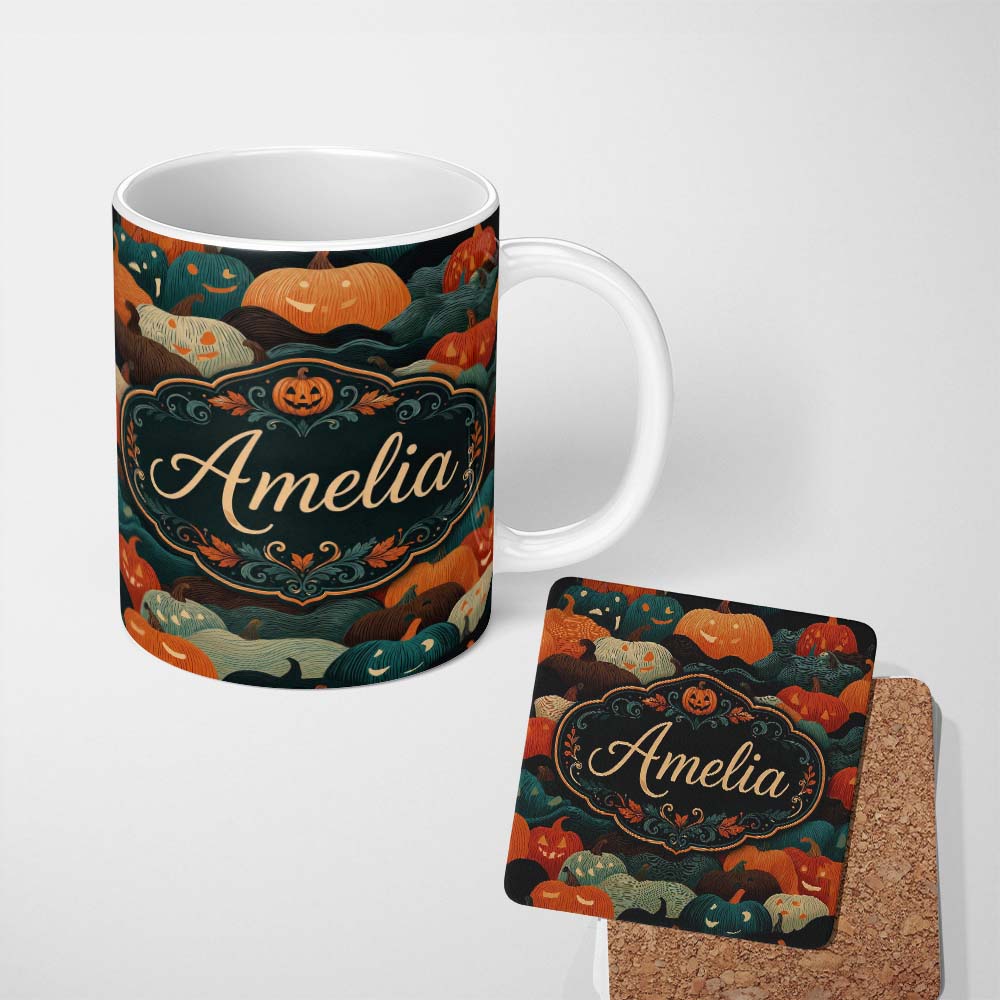 Personalized Custom Name Colorful Halloween Pumpkin Patch Abstract Seamless Pattern Name Cute 11oz Ceramic Coffee Tea Mug White Large Handle