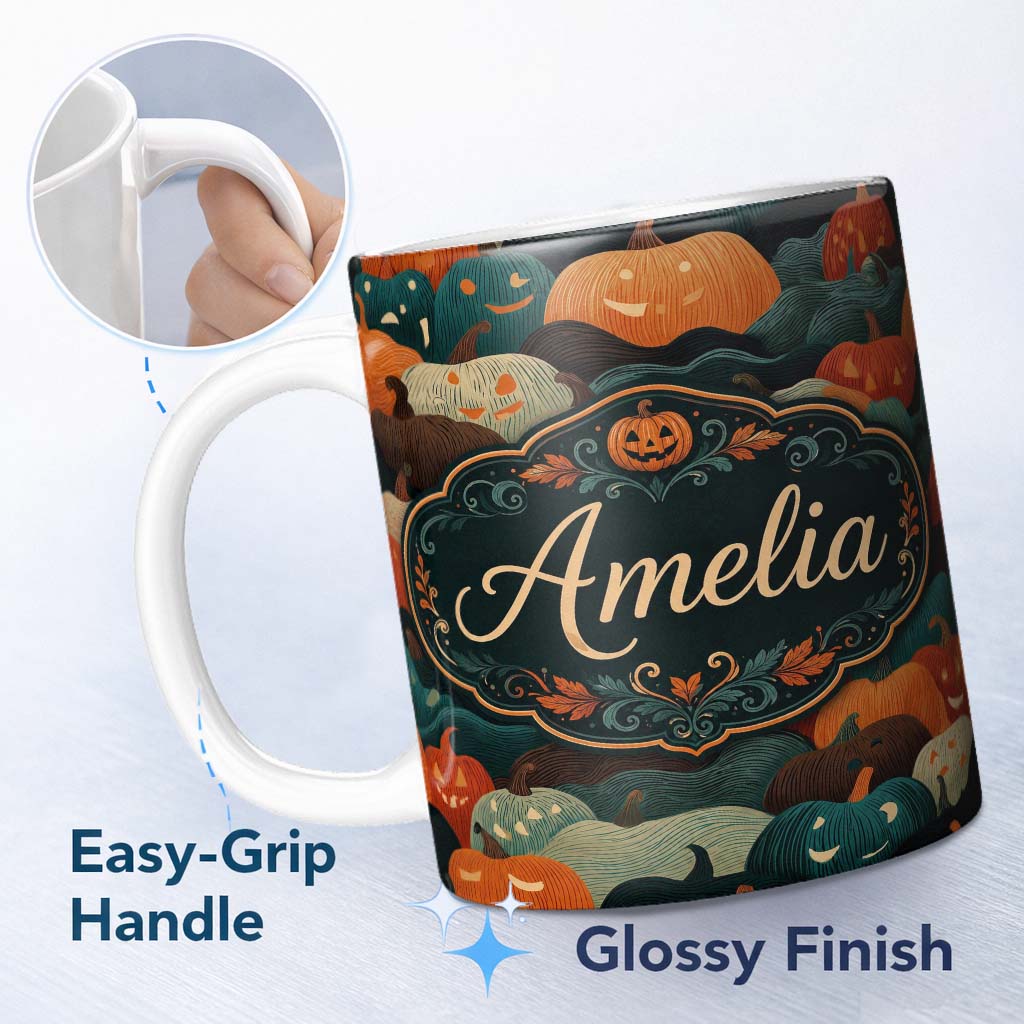 Personalized Custom Name Colorful Halloween Pumpkin Patch Abstract Seamless Pattern Name Cute 11oz Ceramic Coffee Tea Mug White Large Handle