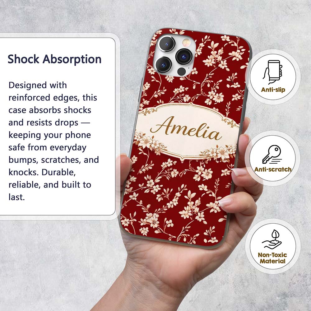 Red Vintage Floral Seamless Pattern Charming Custom Name Protective Phone Case Mobile Cover Durable Everyday Smartphone Shock Resistant