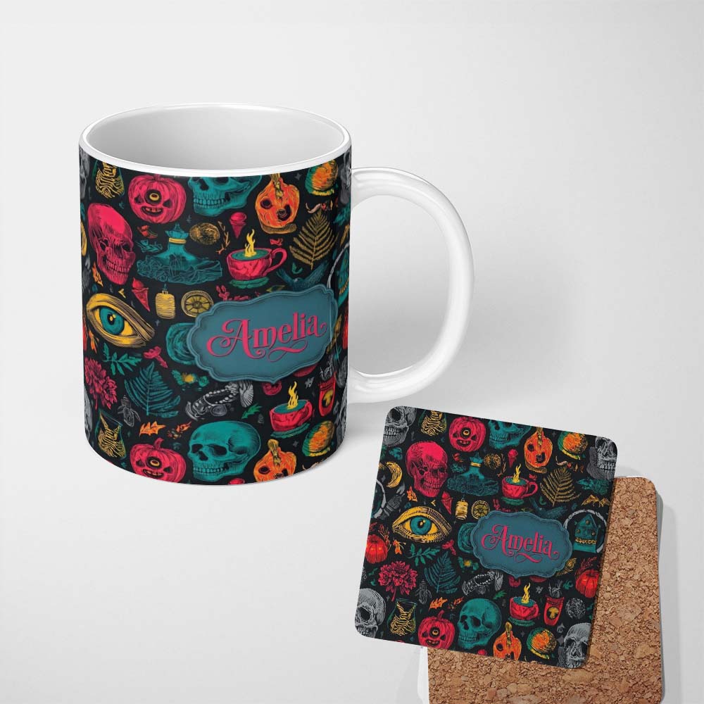 Personalized Custom Name Spooky Halloween Symbols Skull Eye Witchy Seamless Pattern Name Cute 11oz Ceramic Coffee Tea Mug White Large Handle