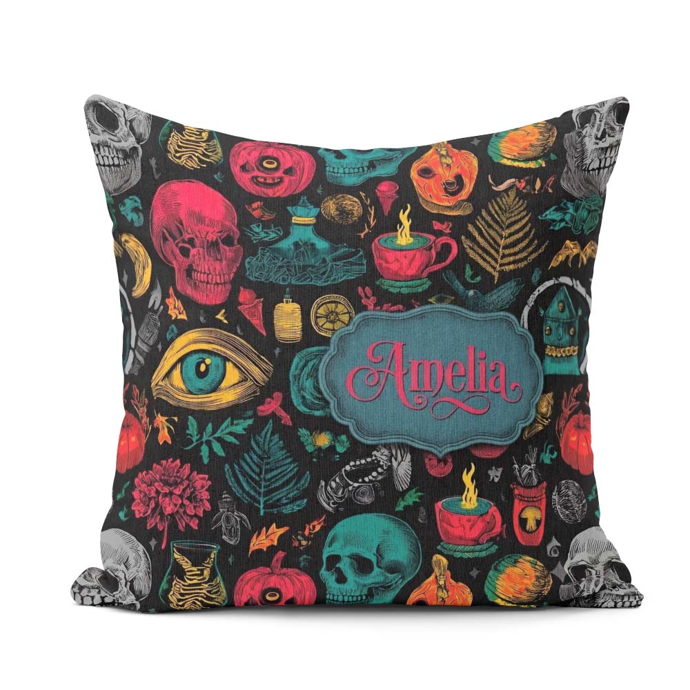 Custom Name Spooky Halloween Skull Eye Witchy Seamless Name Cute Square Filled Cushion Throw Pillow Sofa Bed Home Decor Zip Washable UK Made