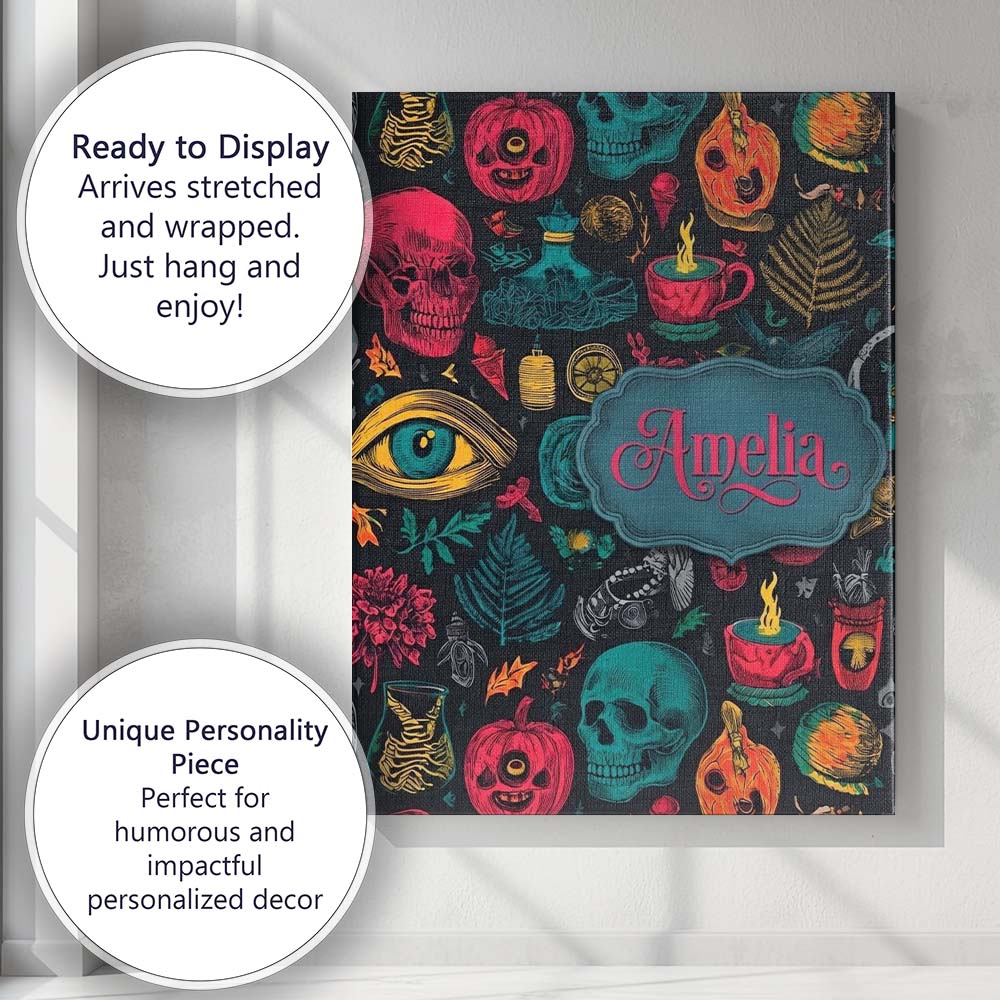 Personalised Name Spooky Halloween Symbols Custom Unique Gift Idea Elegant Feature Canvas Wall Art Print Decor Picture Ready to Hang