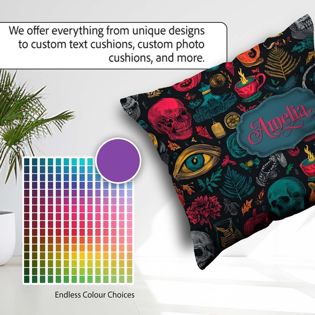 Custom Name Spooky Halloween Skull Eye Witchy Seamless Name Cute Square Filled Cushion Throw Pillow Sofa Bed Home Decor Zip Washable UK Made