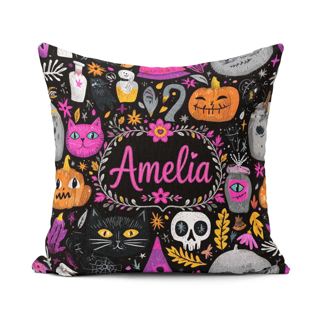 Custom Name Cute Halloween Cat Swan Pumpkin Magic Seamless Name Square Filled Cushion Throw Pillow Sofa Bed Home Decor Zip Washable UK Made