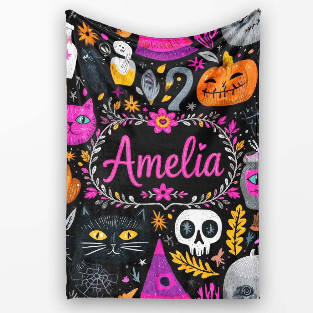 Cute Halloween Cat Swan Pumpkin Magic Seamless Pattern Name Unique Personalised Custom Name Super Soft Fleece Blanket Bed Sofa Throw