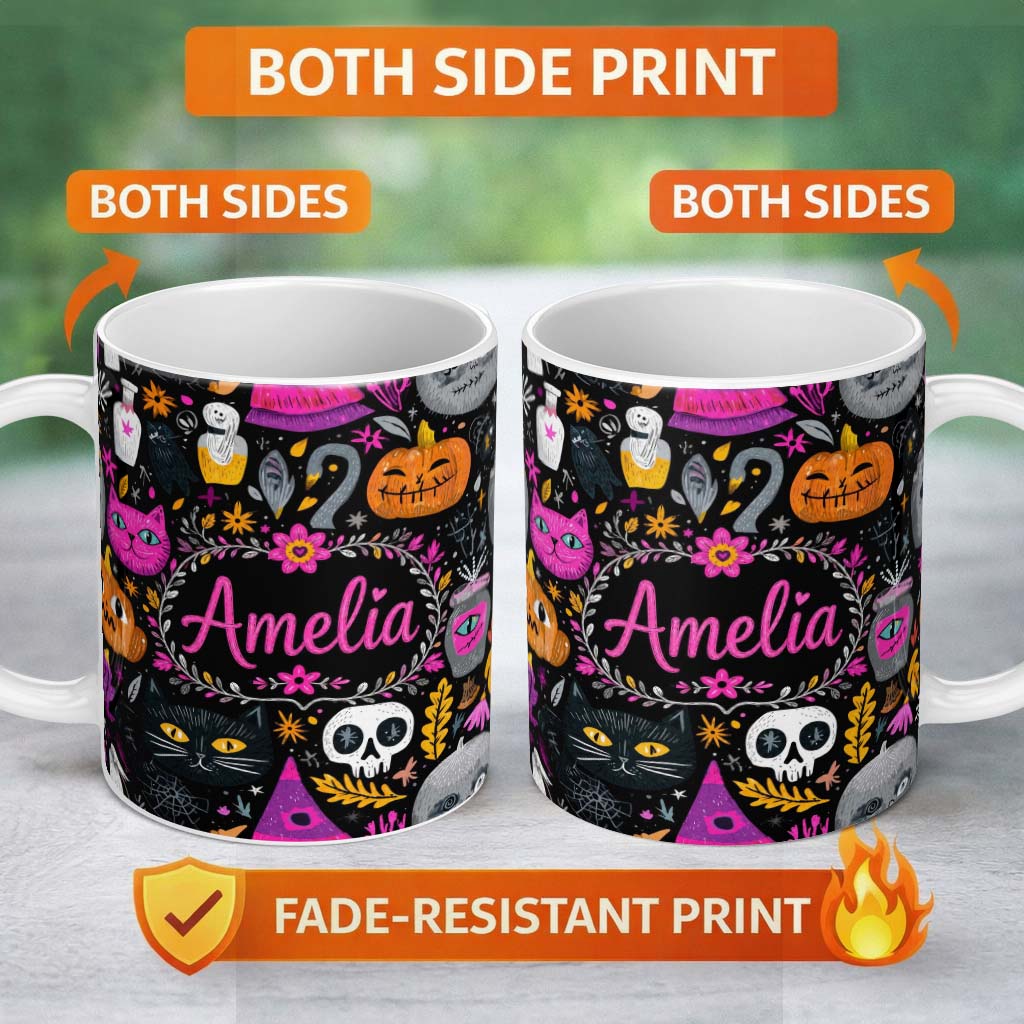 Personalized Custom Name Cute Halloween Cat Swan Pumpkin Magic Seamless Pattern Name Unique 11oz Ceramic Coffee Tea Mug White Large Handle