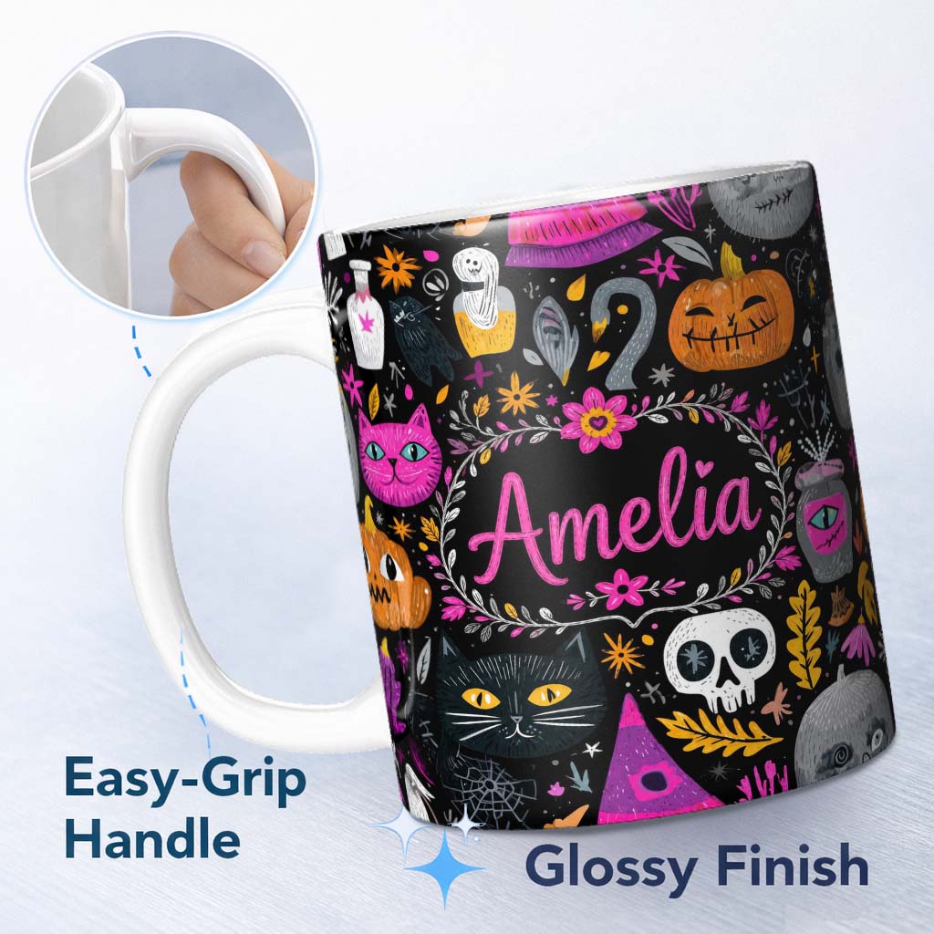 Personalized Custom Name Cute Halloween Cat Swan Pumpkin Magic Seamless Pattern Name Unique 11oz Ceramic Coffee Tea Mug White Large Handle