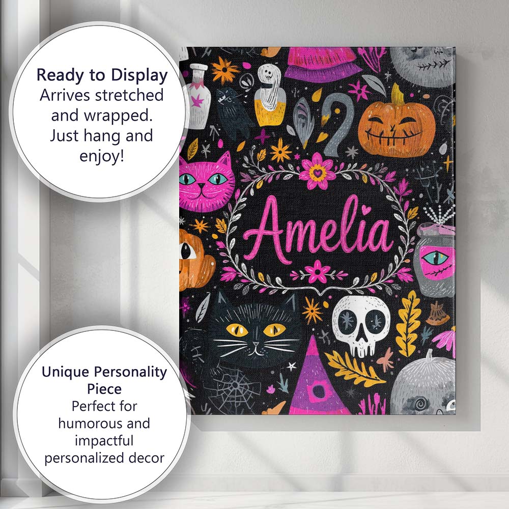 Personalised Name Cute Halloween Cat Swan Custom Unique Gift Idea Elegant Feature Canvas Wall Art Print Decor Picture Ready to Hang