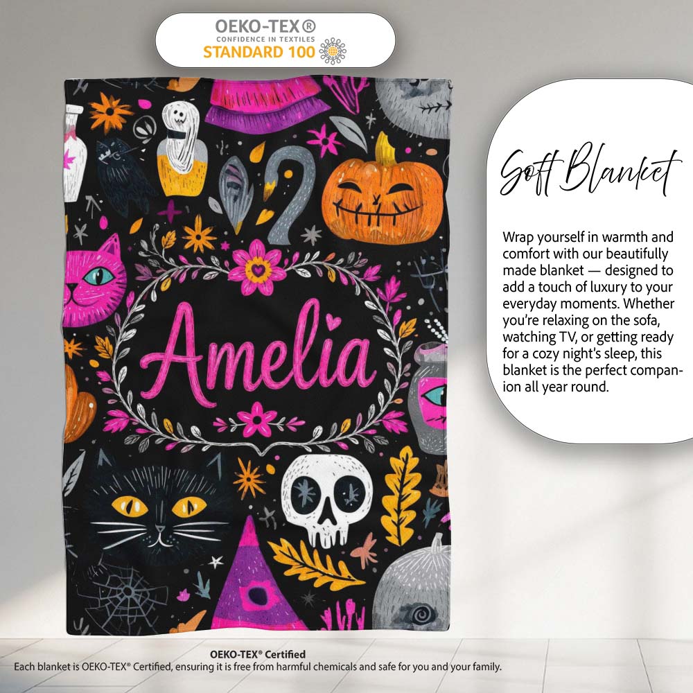 Cute Halloween Cat Swan Pumpkin Magic Seamless Pattern Name Unique Personalised Custom Name Super Soft Fleece Blanket Bed Sofa Throw