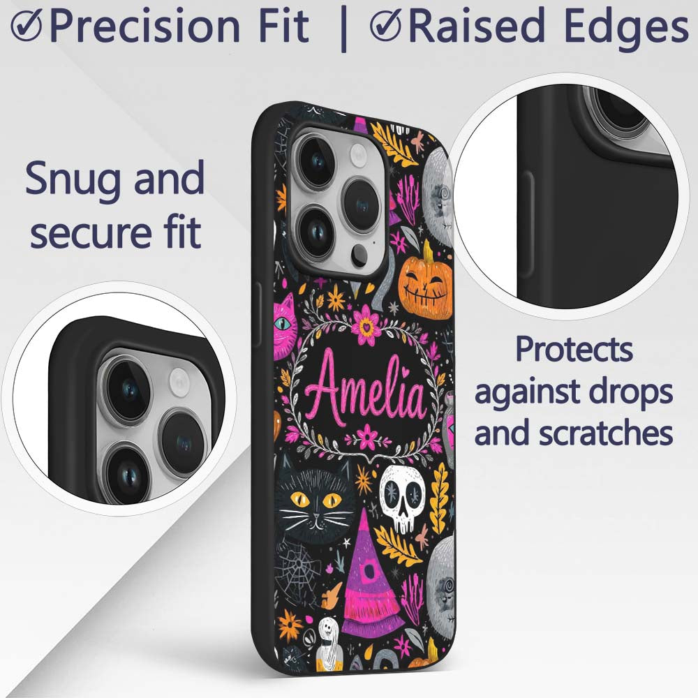 Cute Halloween Cat Swan Pumpkin Magic Seamless Custom Name Protective Phone Case Mobile Cover Durable Everyday Smartphone Shock Resistant