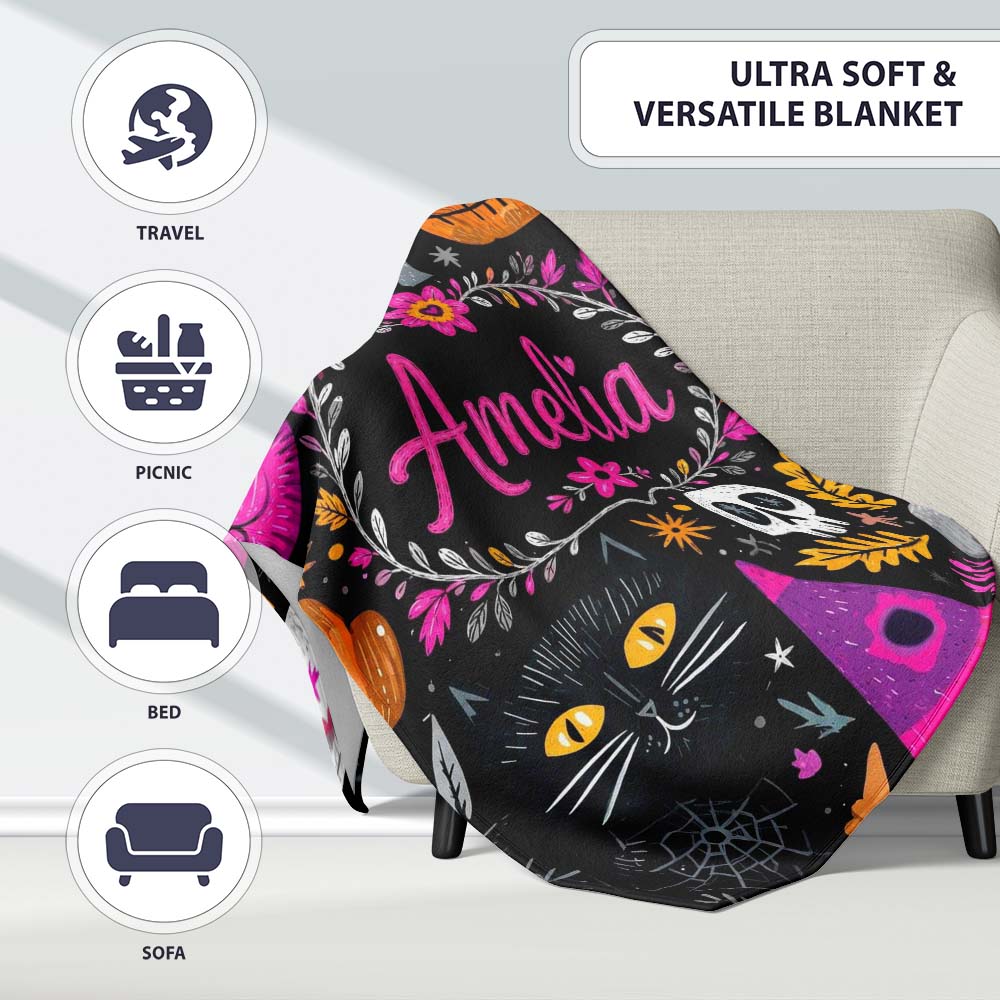 Cute Halloween Cat Swan Pumpkin Magic Seamless Pattern Name Unique Personalised Custom Name Super Soft Fleece Blanket Bed Sofa Throw