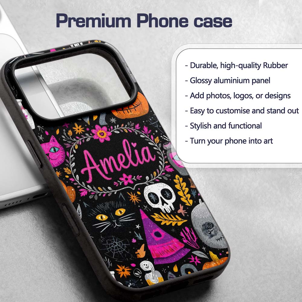 Cute Halloween Cat Swan Pumpkin Magic Seamless Custom Name Protective Phone Case Mobile Cover Durable Everyday Smartphone Shock Resistant