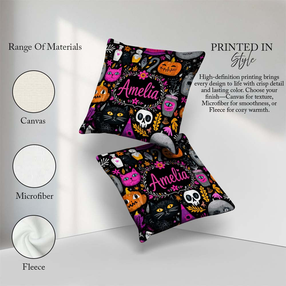 Custom Name Cute Halloween Cat Swan Pumpkin Magic Seamless Name Square Filled Cushion Throw Pillow Sofa Bed Home Decor Zip Washable UK Made