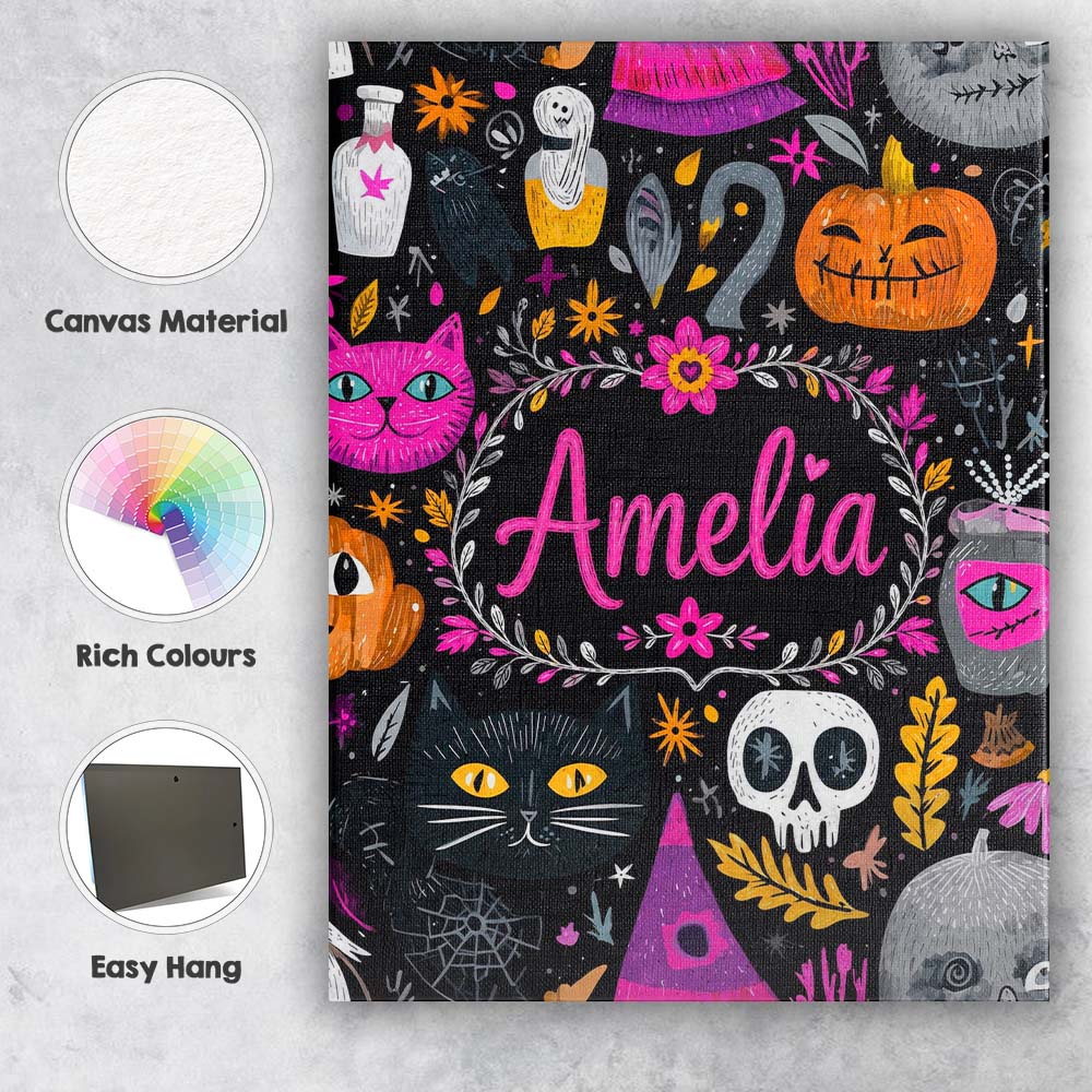 Personalised Name Cute Halloween Cat Swan Custom Unique Gift Idea Elegant Feature Canvas Wall Art Print Decor Picture Ready to Hang
