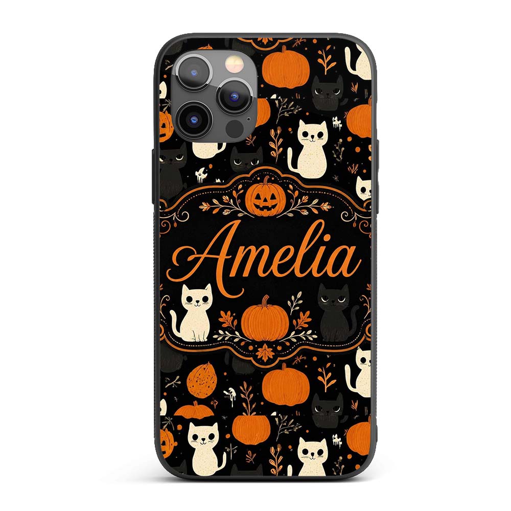 Cute Halloween Cats Pumpkins Ghosts Seamless Custom Name Protective Phone Case Mobile Cover Durable Everyday Smartphone Shock Resistant