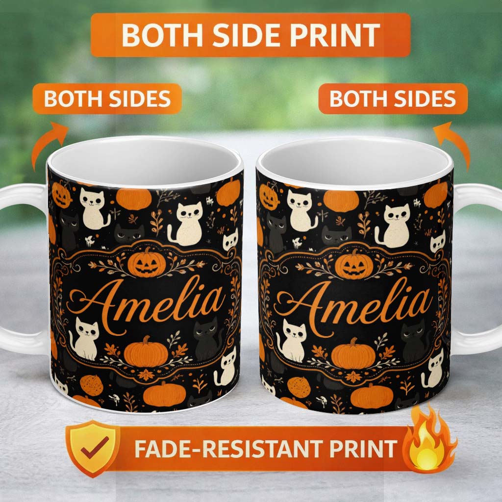 Personalized Custom Name Cute Halloween Cats Pumpkins Ghosts Seamless Pattern Name Unique 11oz Ceramic Coffee Tea Mug White Large Handle