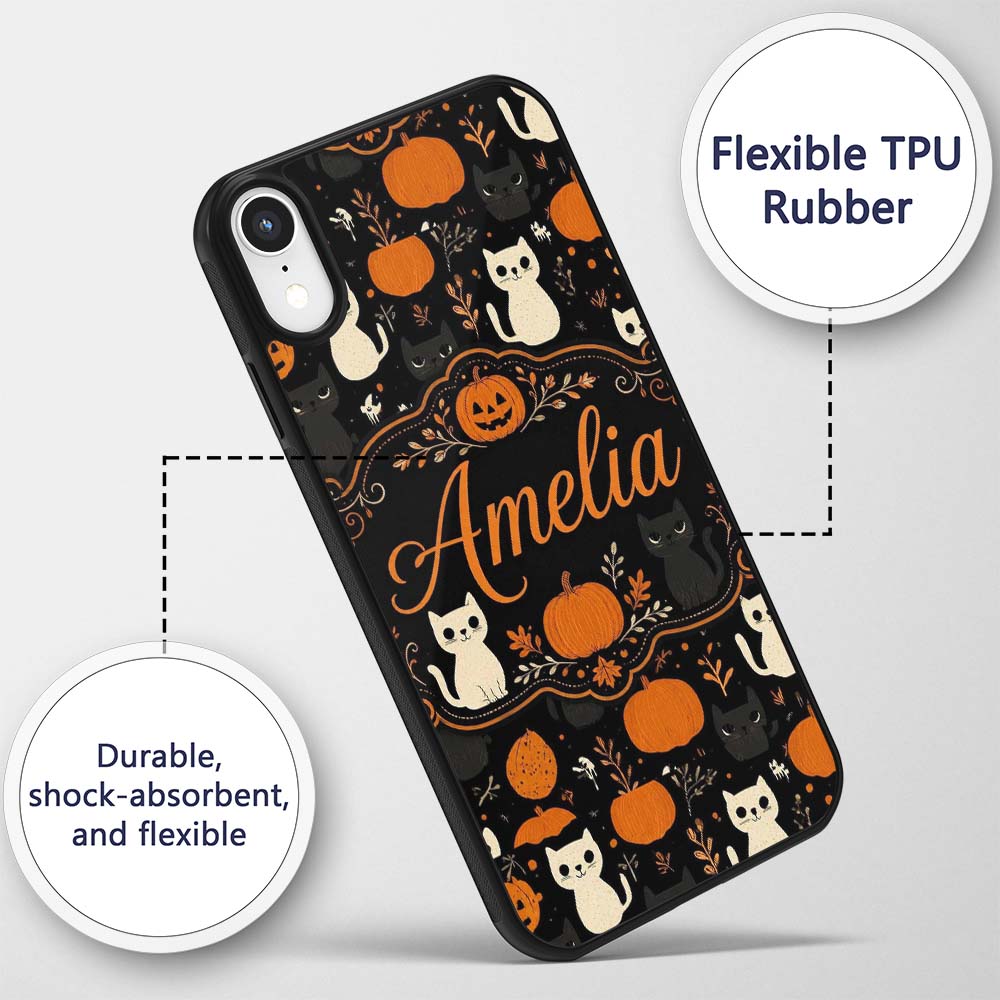 Cute Halloween Cats Pumpkins Ghosts Seamless Custom Name Protective Phone Case Mobile Cover Durable Everyday Smartphone Shock Resistant