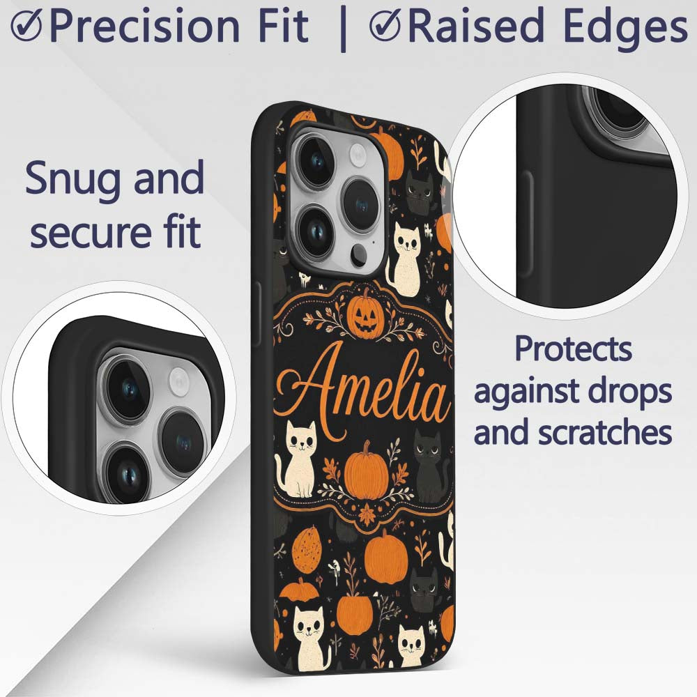 Cute Halloween Cats Pumpkins Ghosts Seamless Custom Name Protective Phone Case Mobile Cover Durable Everyday Smartphone Shock Resistant